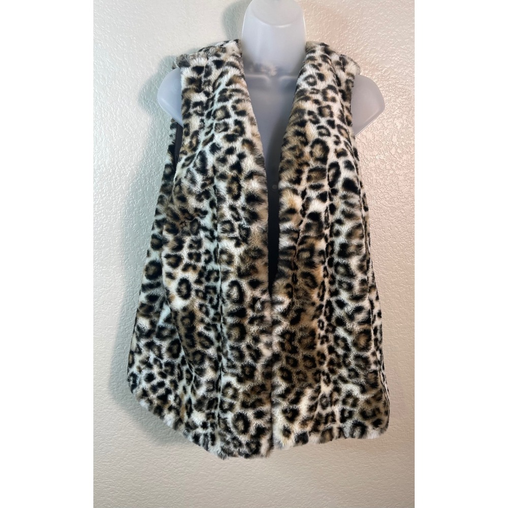 Chicos 2 US Large Vest Brown Leopard Faux Fur Animal Print Open Front Lined